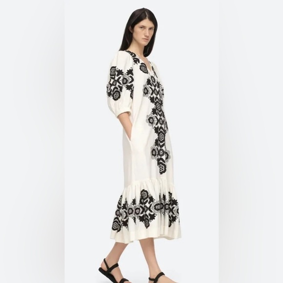 SEA New York Manuela Embroidered Puff Sleeve V-Neck Dress in Cream Size XXS - Picture 1 of 14